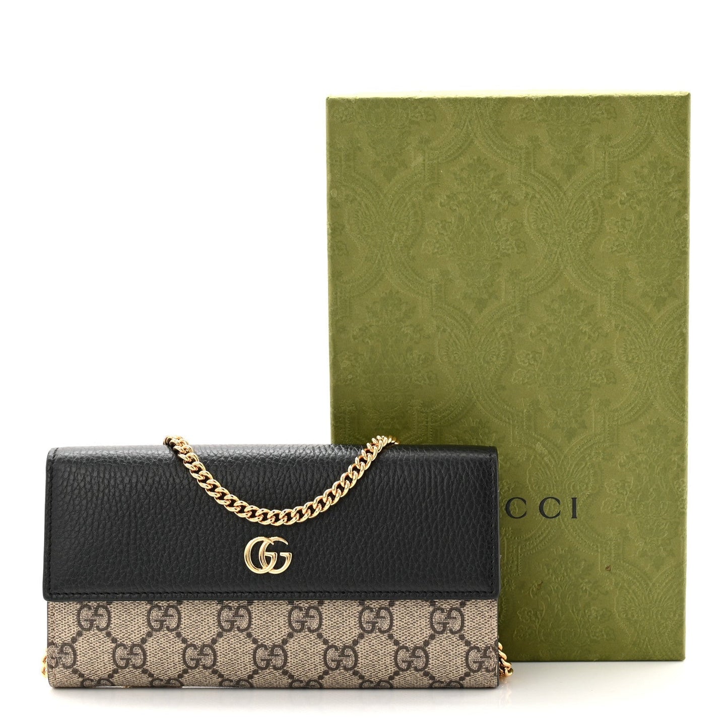 Dollar Calfskin GG Supreme Monogram Petite GG Marmont Wallet Chain Bag Black Beige Ebony
