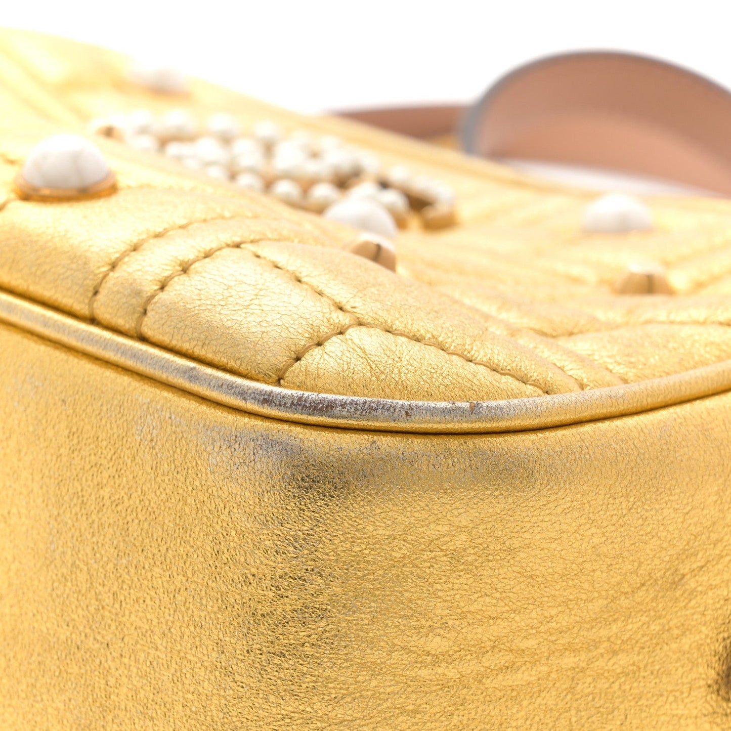 Metallic Calfskin Matelasse Studded Small Pearly GG Marmont Chain Shoulder Bag Gold