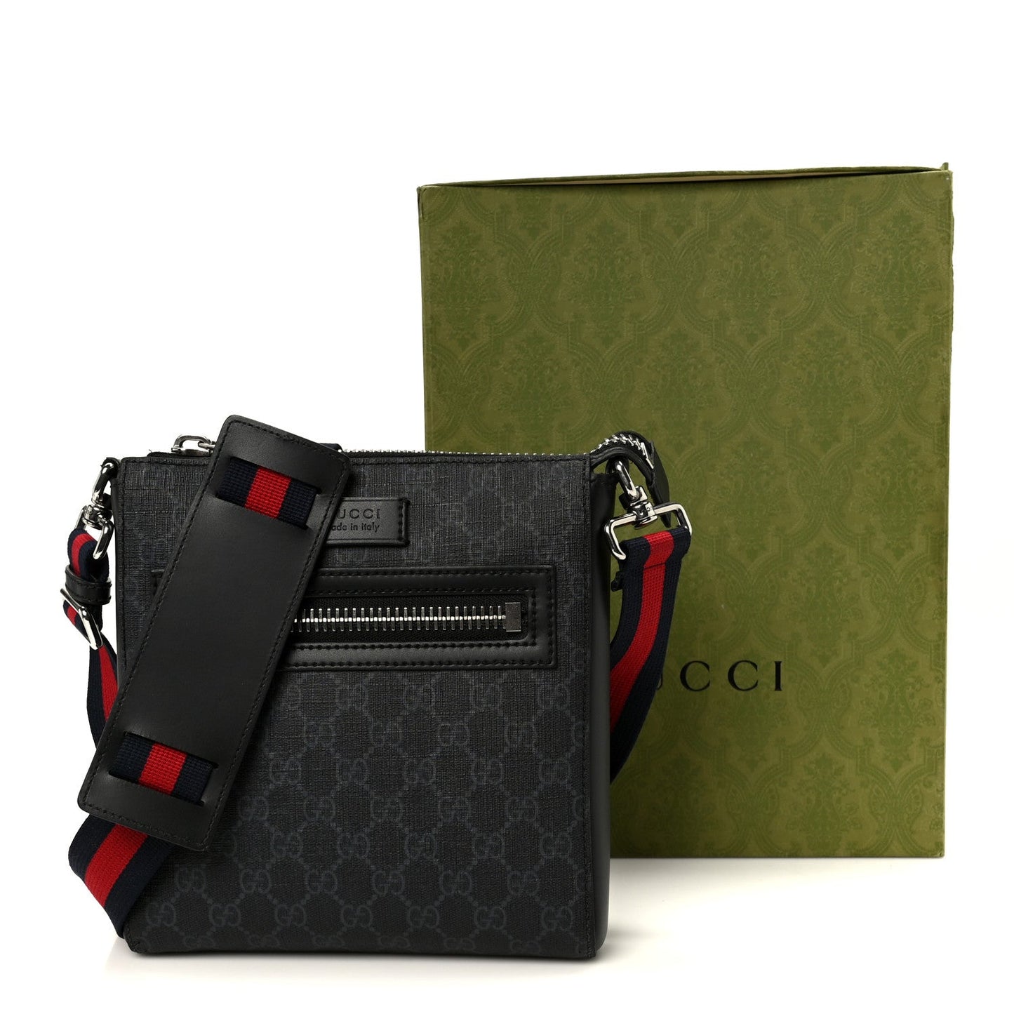 GG Supreme Monogram Web Small Flat Messenger Bag Black Grey