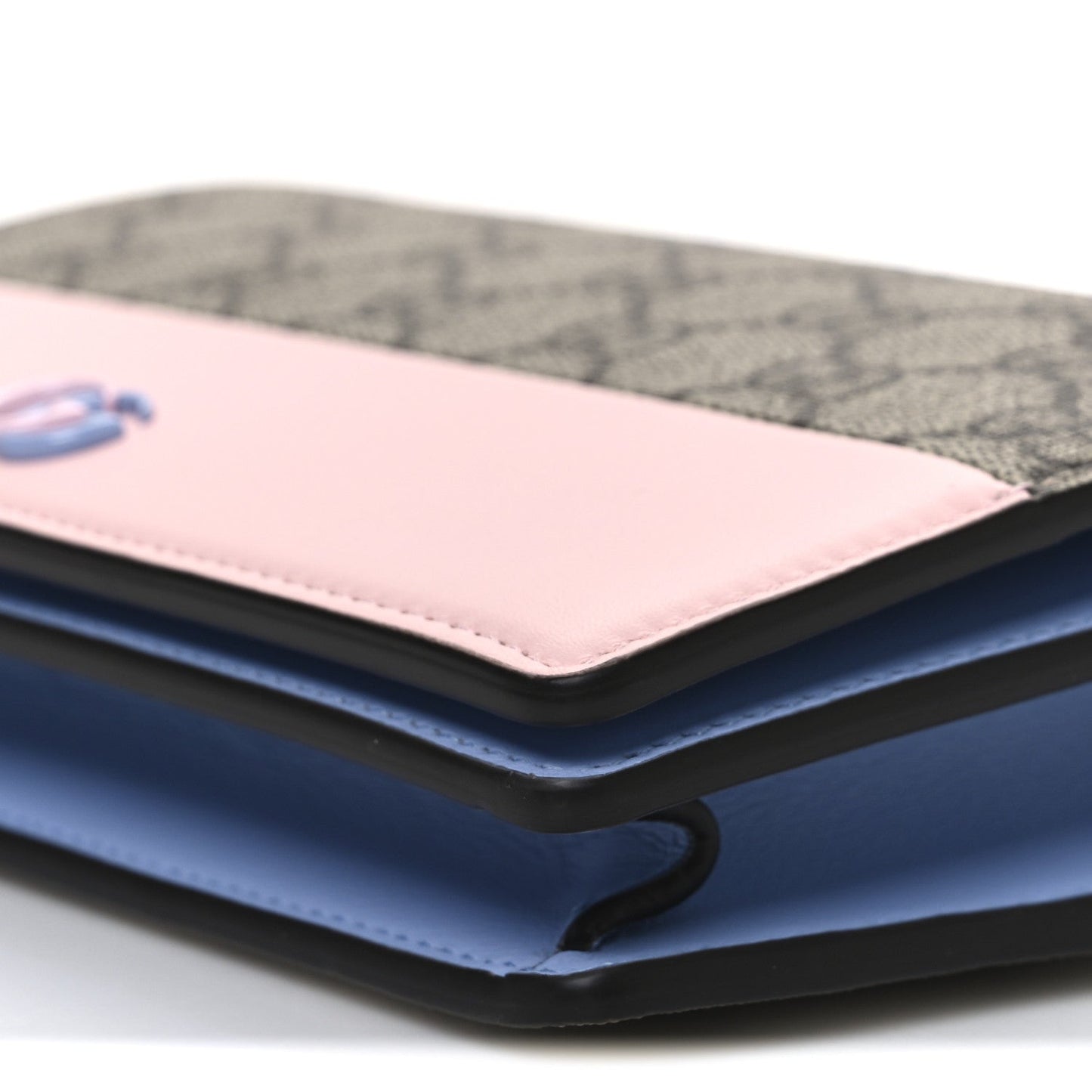GG Supreme Monogram Textured Dollar Calfskin Mini GG Marmont Chain Wallet Light Pink Blue Beige