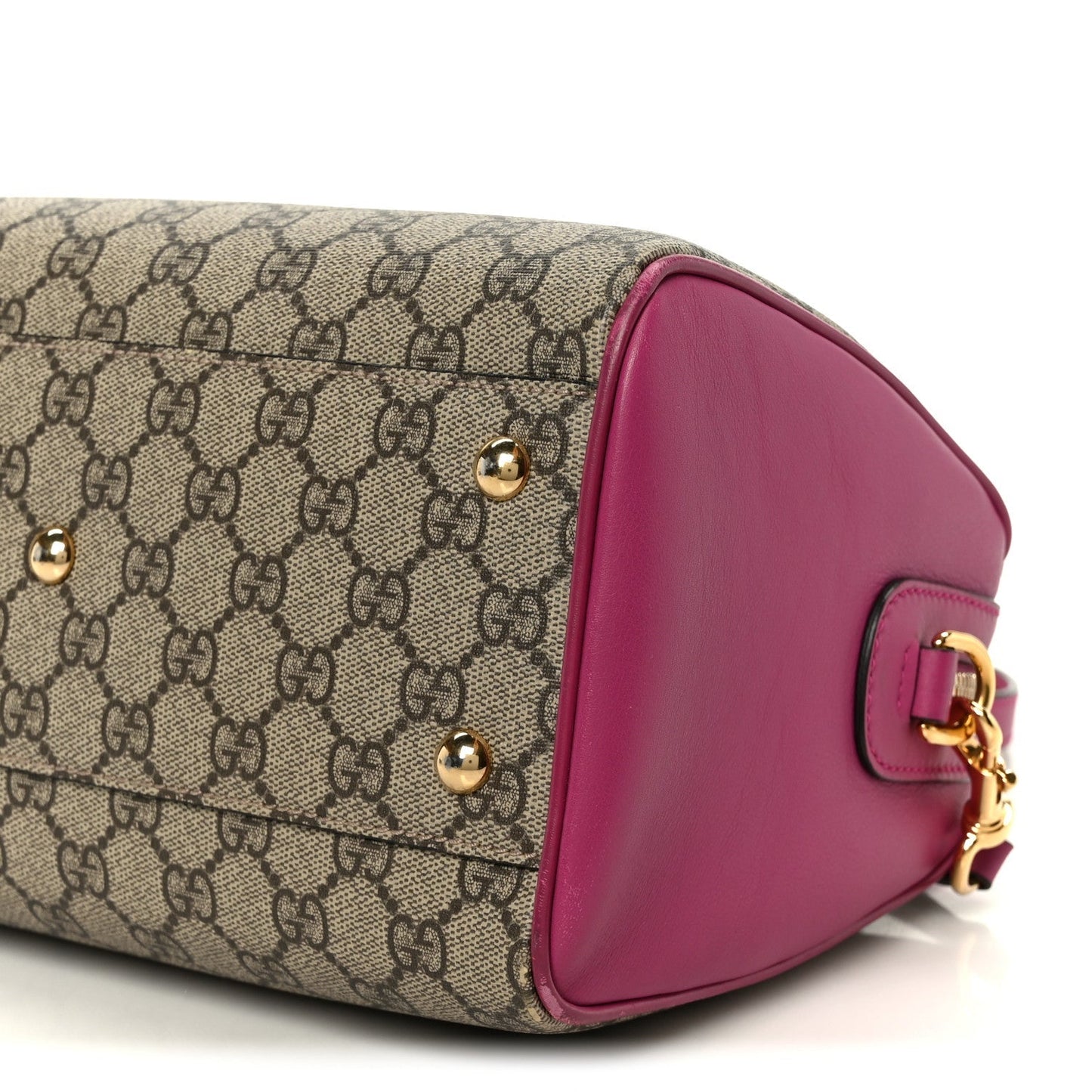 GG Supreme Monogram Moon Calfskin Small Boston Beige Ebony Hibiscus Red New Rosette