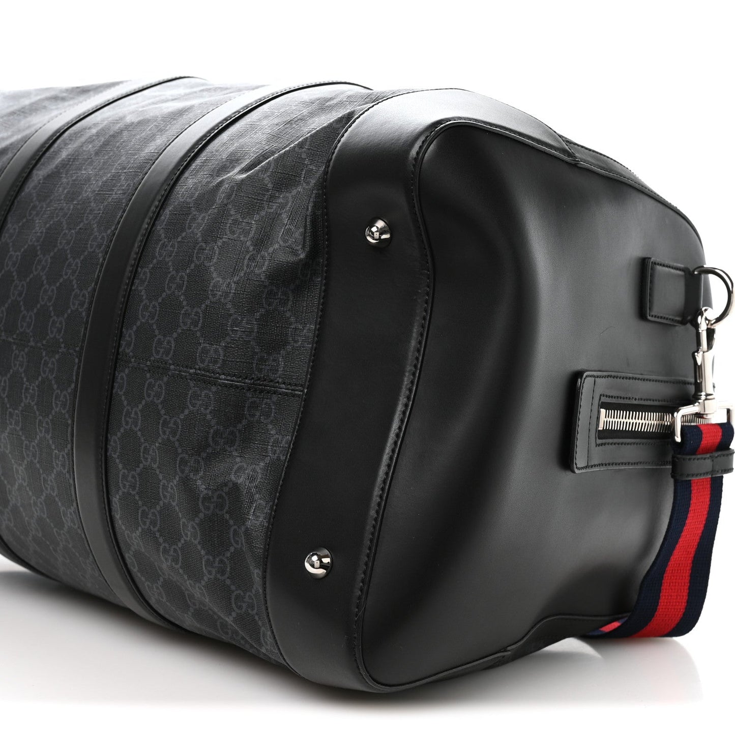Soft GG Supreme Monogram Appia Calfskin Web Large Carry On Duffle Bag Black Grey