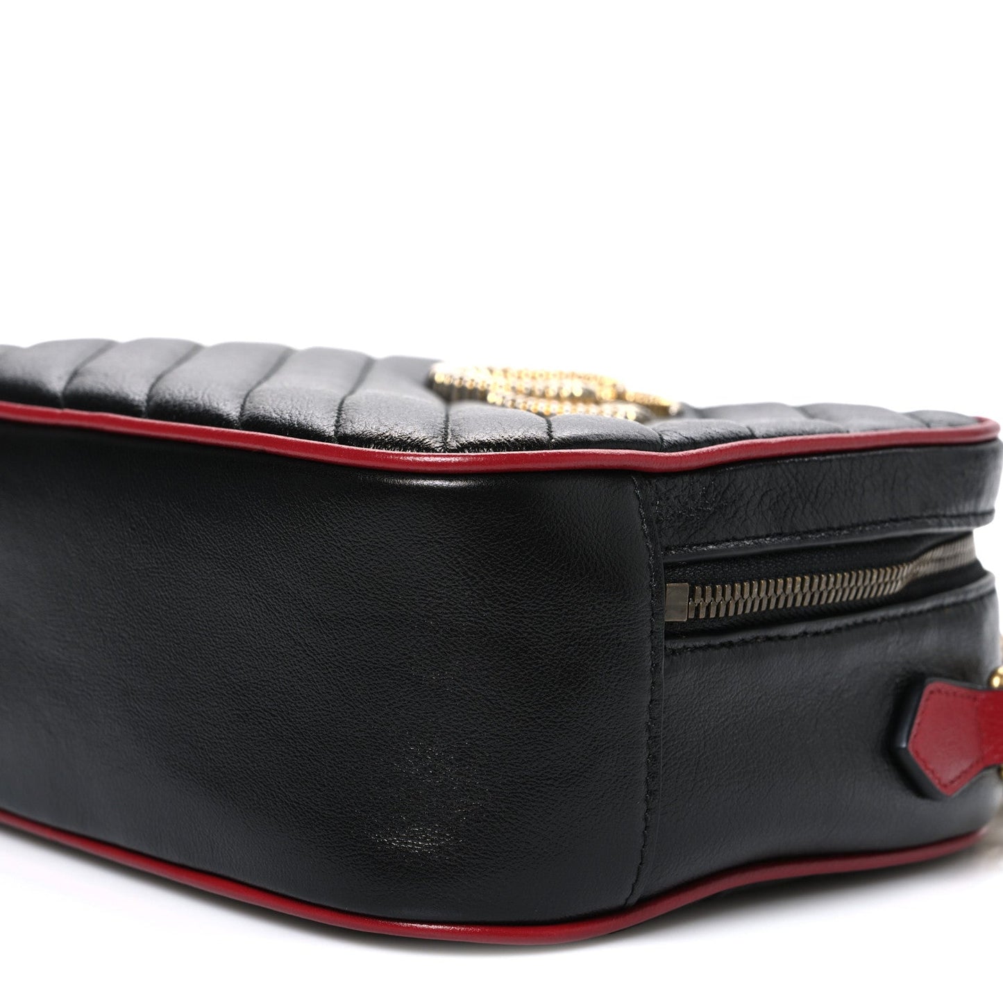 Vintage Effect Calfskin Matelasse Diagonal Small Torchon GG Marmont Bamboo Top Handle Shoulder Bag Black Romantic Cherry