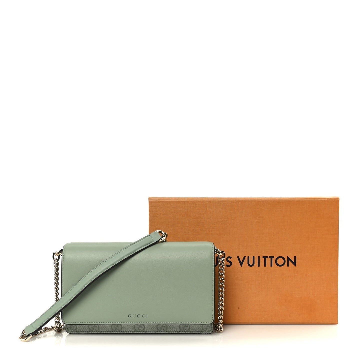 GG Supreme Monogram Textured Calfskin Emblem Wallet On Chain Sage Green
