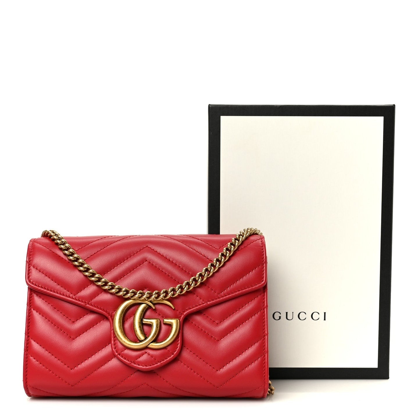 Calfskin Matelasse GG Marmont Chain Wallet Hibiscus Red