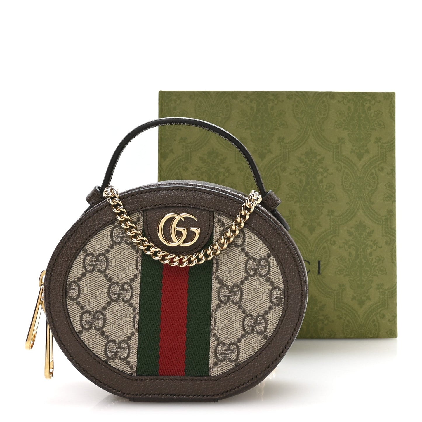 GG Supreme Monogram Top Handle Web Mini Ophidia Round Shoulder Bag Brown