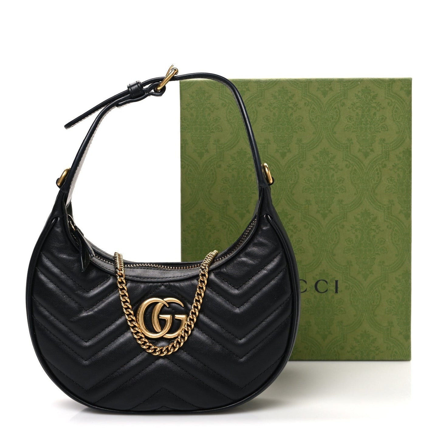 Calfskin Matelasse Chevron Mini GG Marmont Half Moon Hobo Black