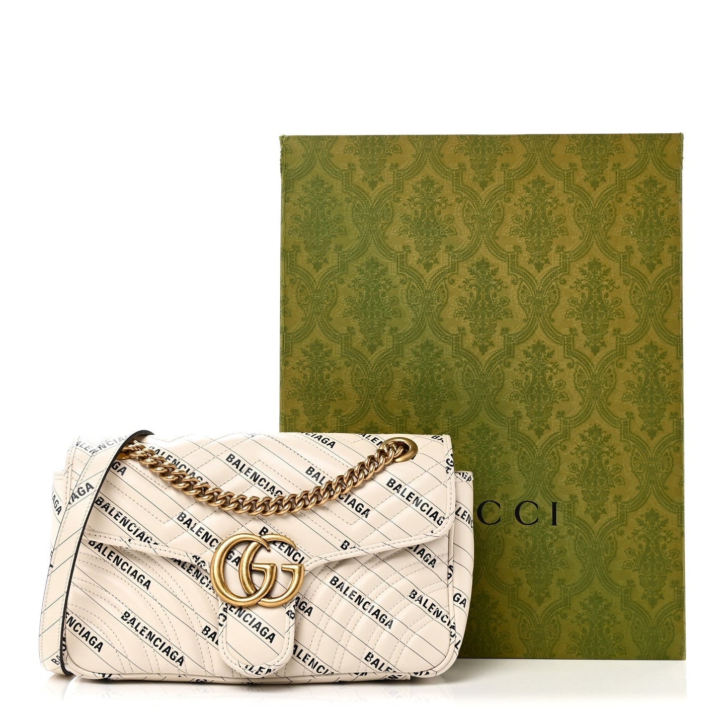 X BALENCIAGA Calfskin Matelasse Logo Print Small GG Marmont Shoulder Bag White
