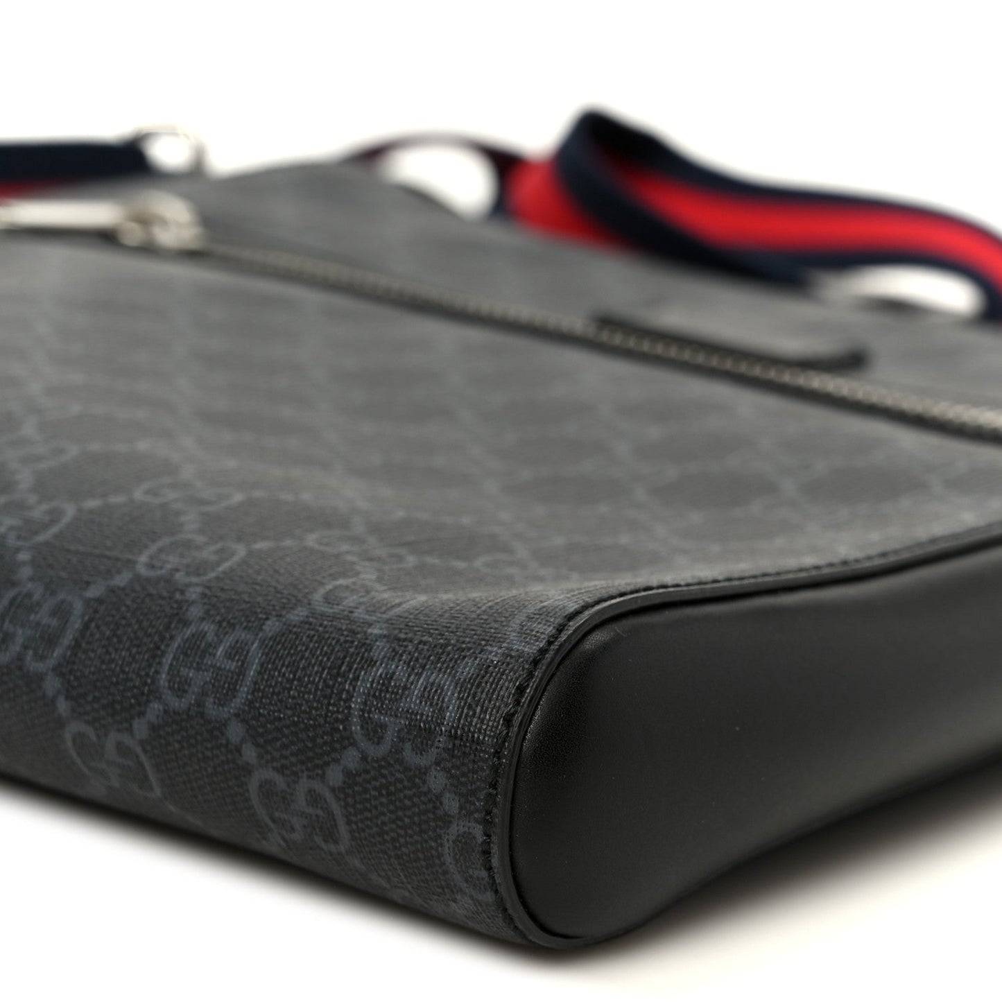 GG Supreme Monogram Appia Calfskin Web Flat Messenger Bag Black Grey