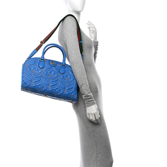 X ADIDAS Calfskin Trefoil Web GG Marmont Medium Duffle Bag Blue