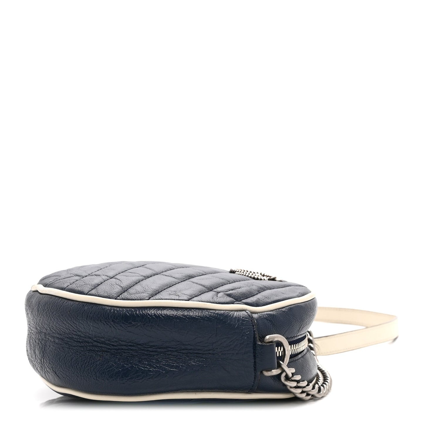 Azalea Calfskin Matelasse Diagonal Mini Torchon GG Marmont Round Shoulder Bag Blue Agata Mystic White