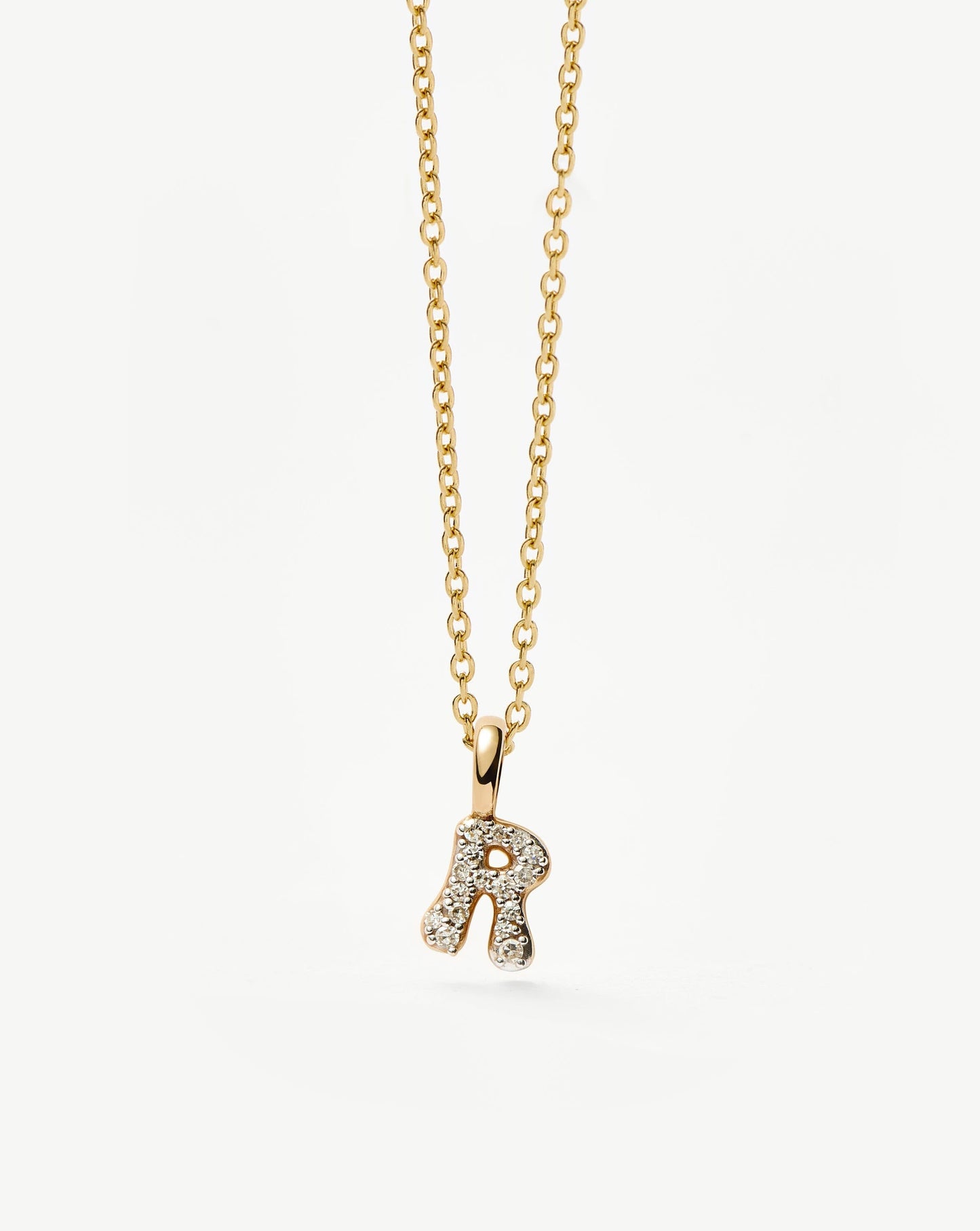 Solid Gold Diamond Initial Mini Pendant Necklace - R | 14k Solid Yellow Gold Plated/Diamond