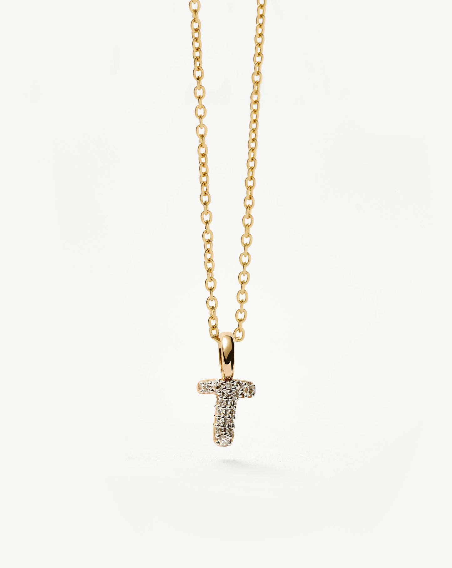 Solid Gold Diamond Initial Mini Pendant Necklace - T | 14k Solid Yellow Gold Plated/Diamond