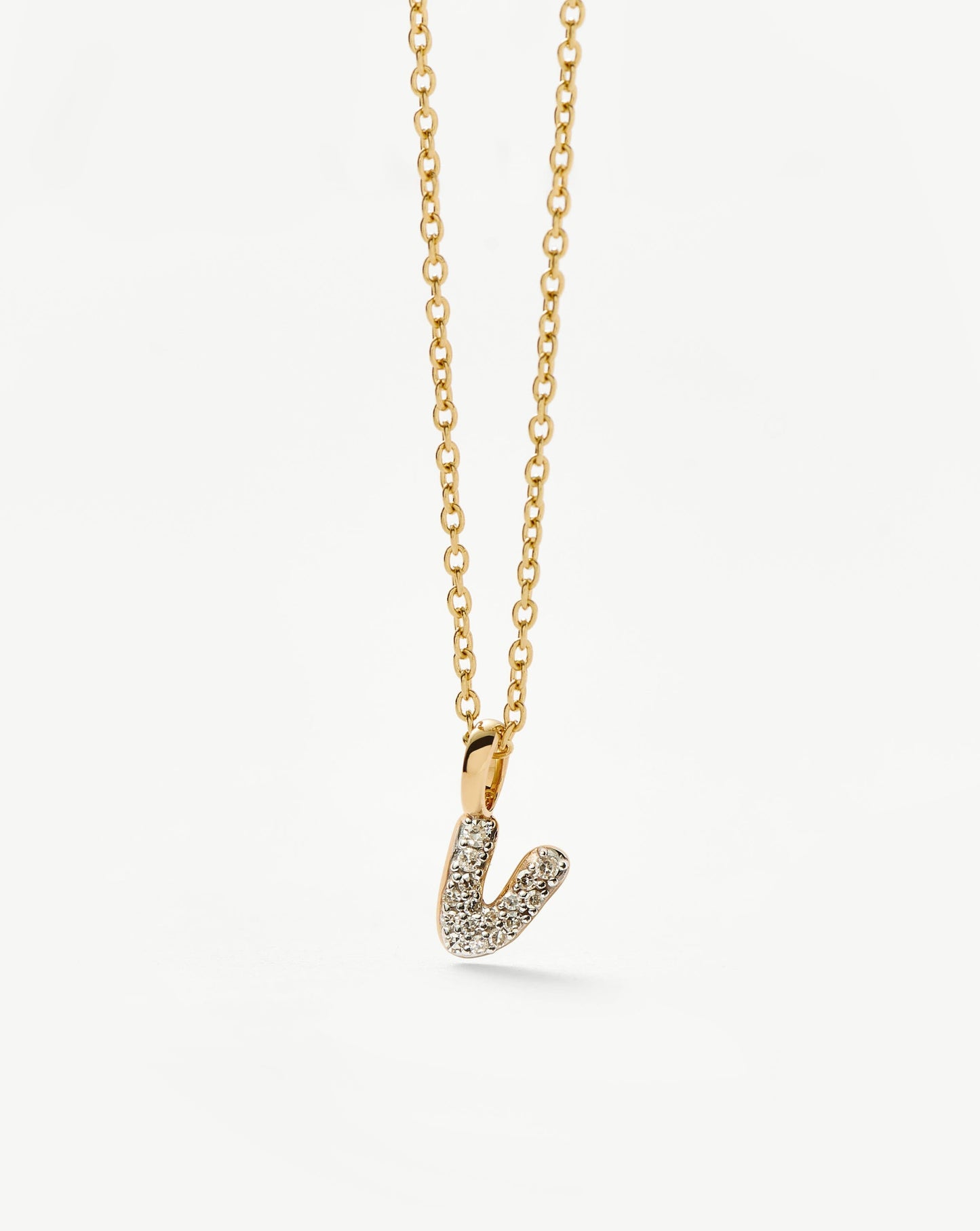 Solid Gold Diamond Initial Mini Pendant Necklace - V | 14k Solid Yellow Gold Plated/Diamond