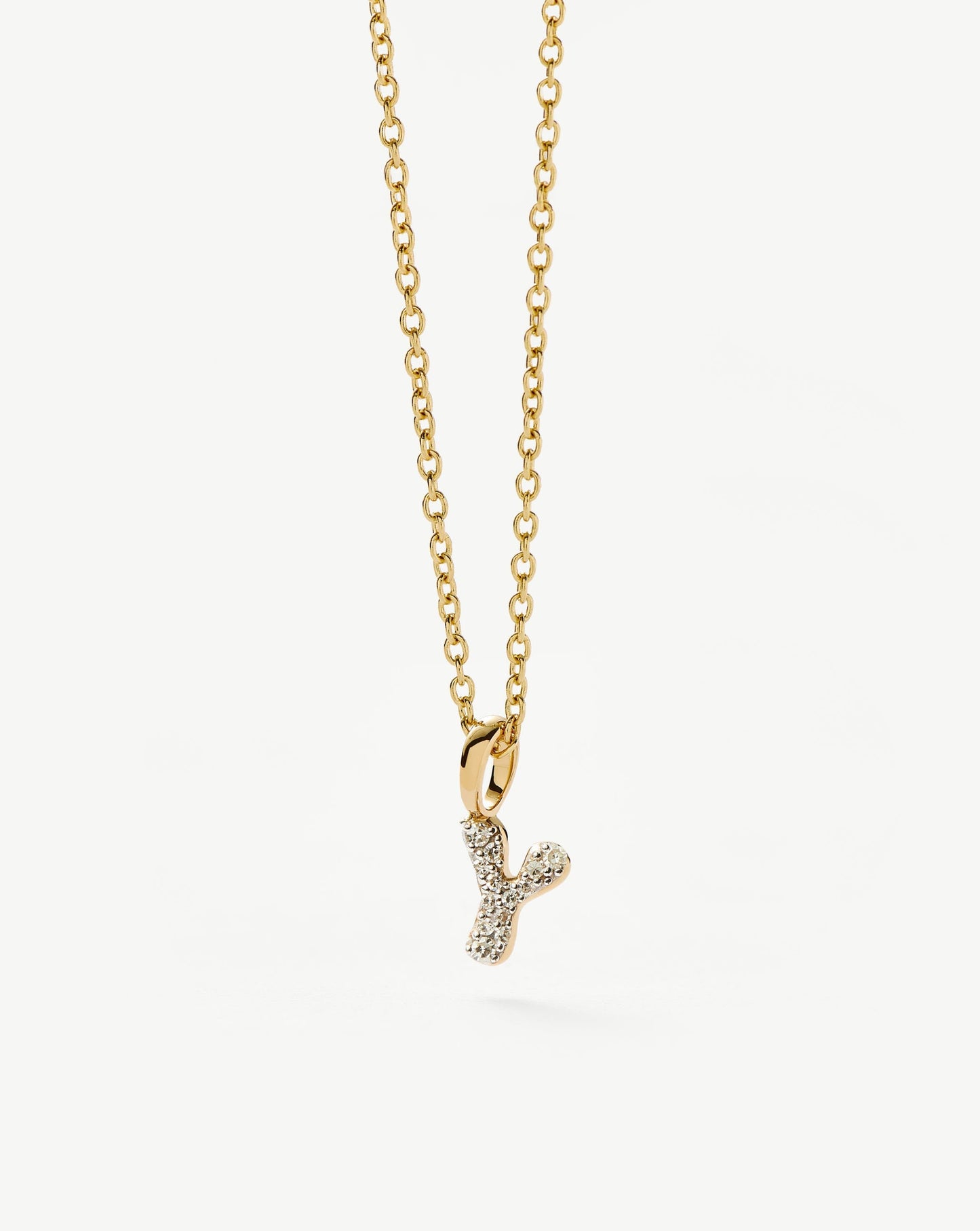 Solid Gold Diamond Initial Mini Pendant Necklace - Y | 14k Solid Yellow Gold Plated/Diamond