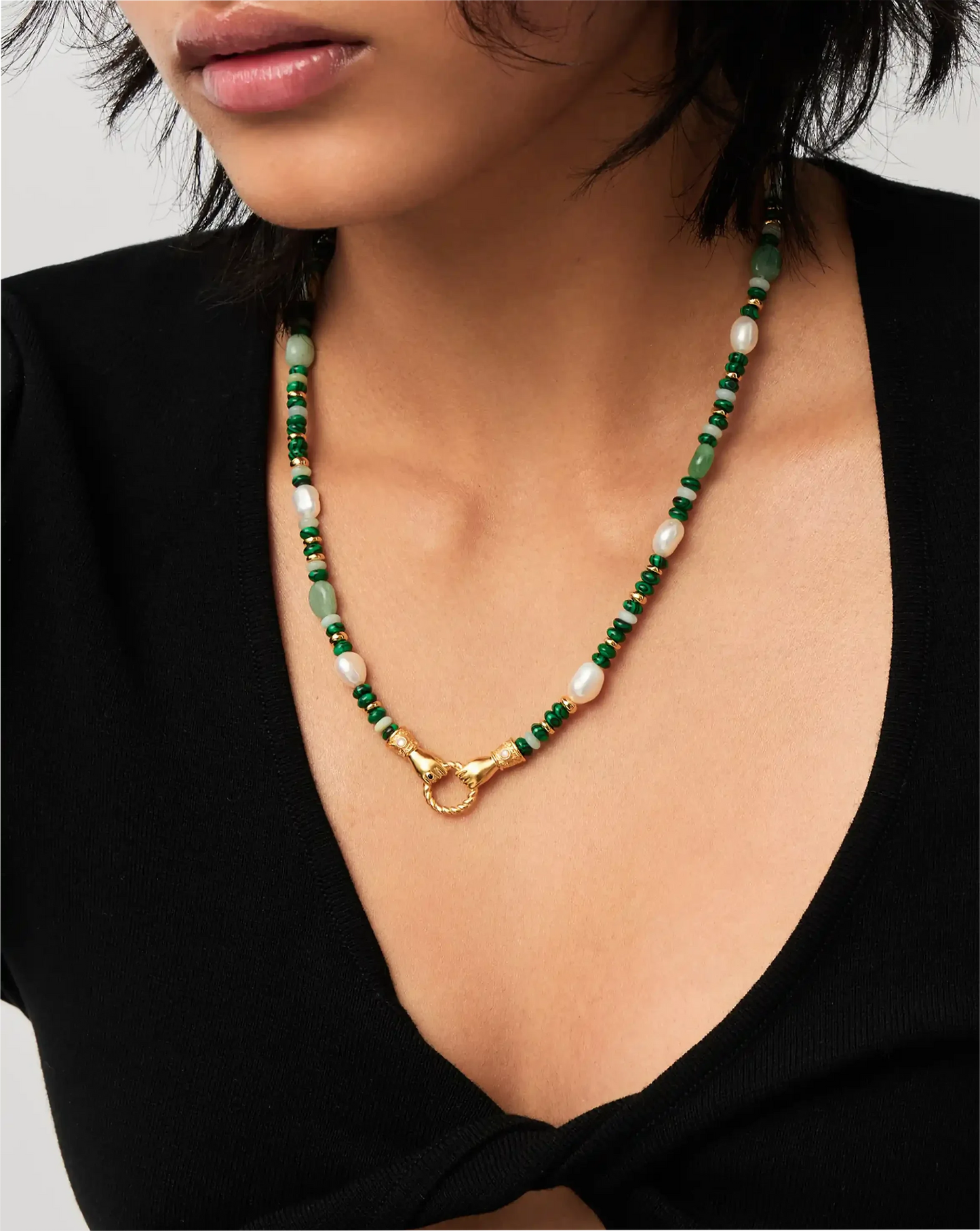 Harris Reed In Good Hands Beaded Gemstone Necklace | 18k Gold Plated/Multi Green Gemstone & Pearl