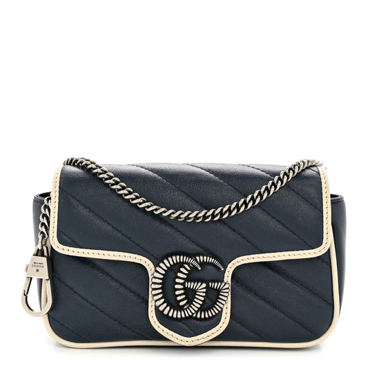 Vintage Effect Calfskin Matelasse Diagonal Super Mini Torchon GG Marmont Shoulder Bag Blue Agata Mystic White