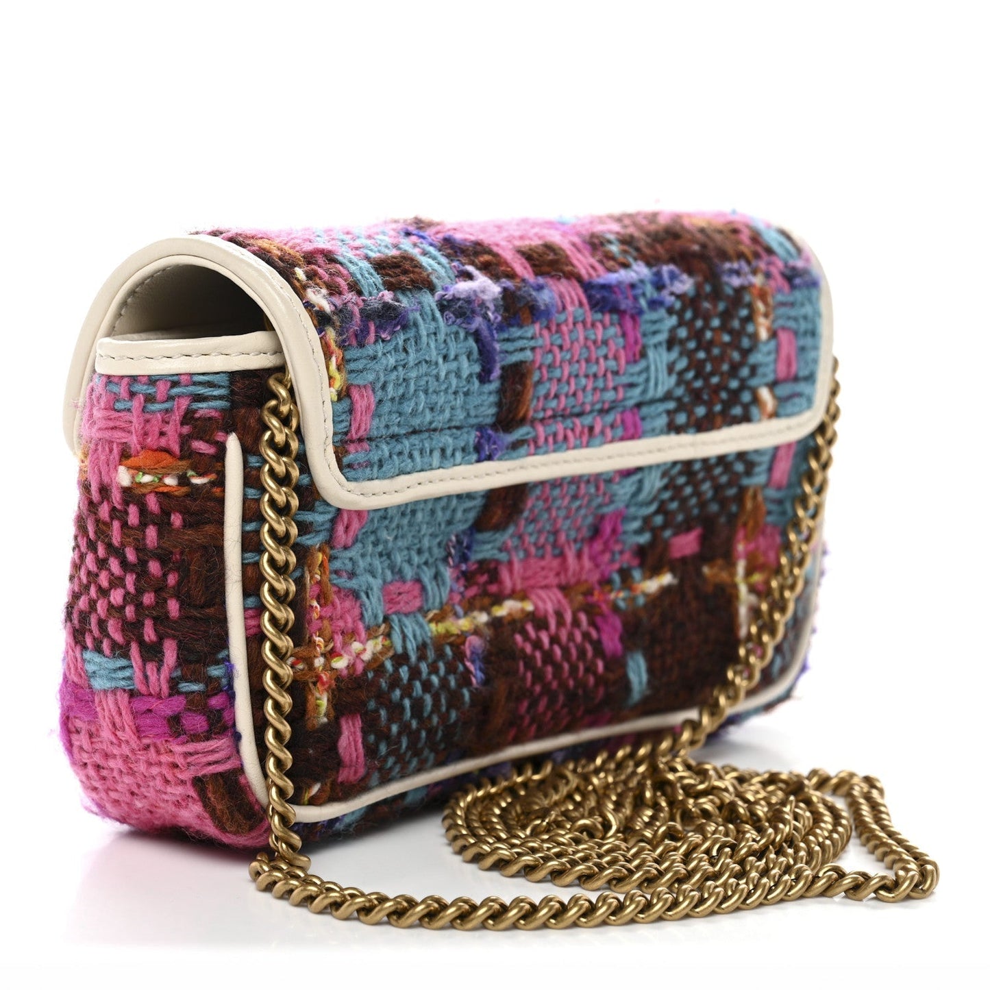 Tweed Calfskin Spicy Check Super Mini GG Marmont Shoulder Bag Pink Multicolor Mystic White
