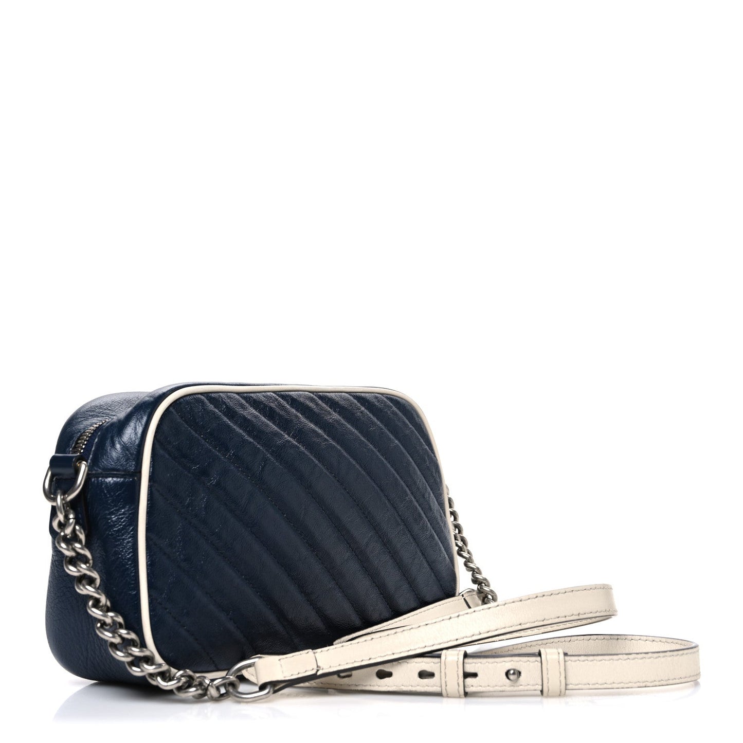 Vintage Effect Calfskin Matelasse Diagonal Small Torchon GG Marmont Chain Shoulder Bag Blue Agata Mystic White