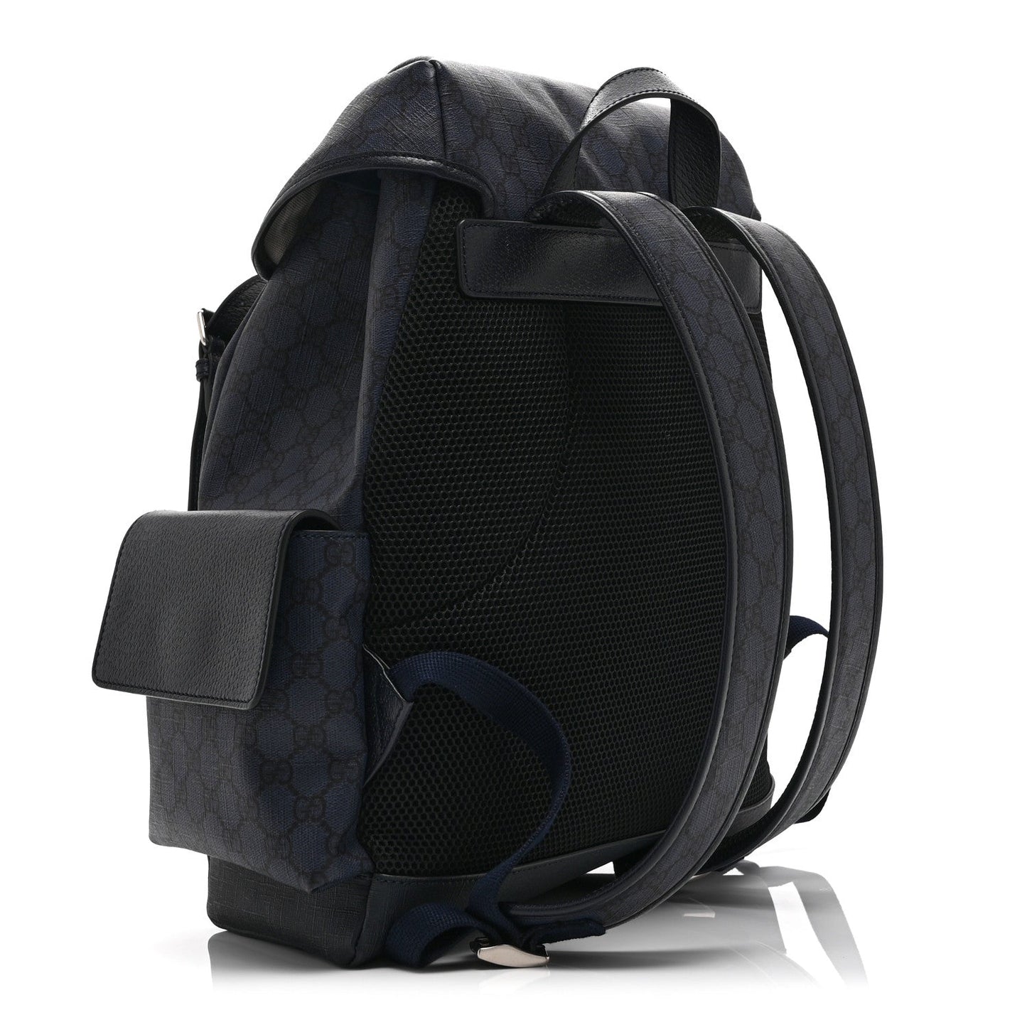 GG Supreme Monogram Textured Dollar Calfskin Medium Ophidia Double Buckle Backpack Blue Dark Blue Black
