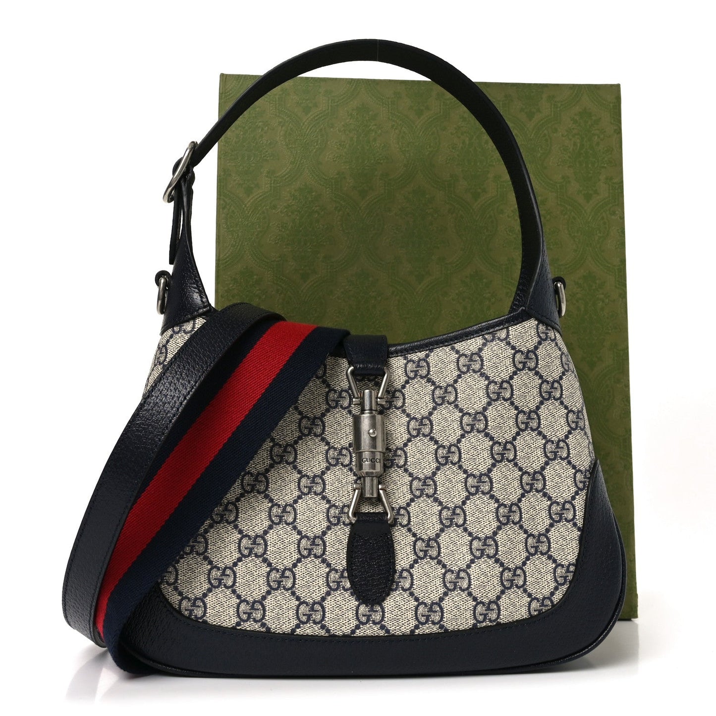 GG Supreme Monogram Textured Dollar Calfskin Web Small Jackie 1961 Hobo Beige Blue