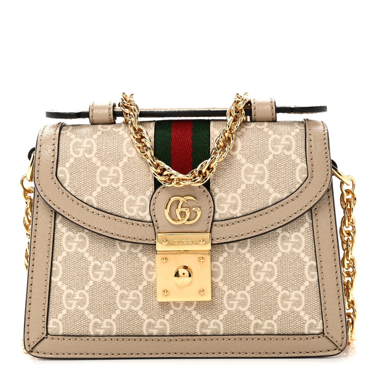 GG Supreme Monogram Textured Dollar Calfskin Web Mini Ophidia Padlock Top Handle Chain Shoulder Bag Beige Mystic White Oatmeal