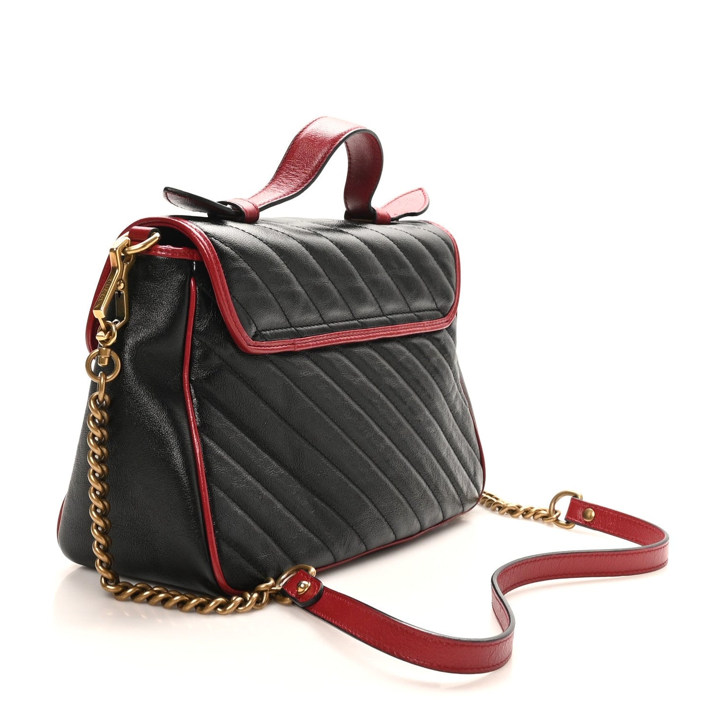 Vintage Effect Calfskin Matelasse Diagonal Small Torchon GG Marmont Top Handle Shoulder Bag Black Romantic Cherry