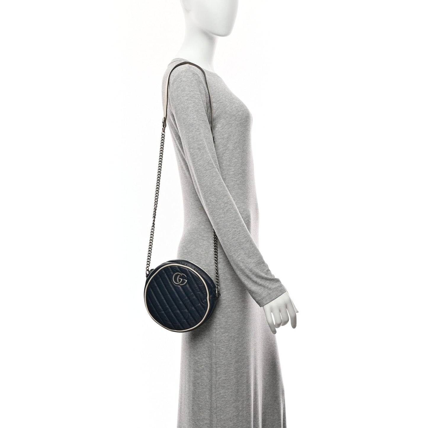 Azalea Calfskin Matelasse Diagonal Mini Torchon GG Marmont Round Shoulder Bag Blue Agata Mystic White