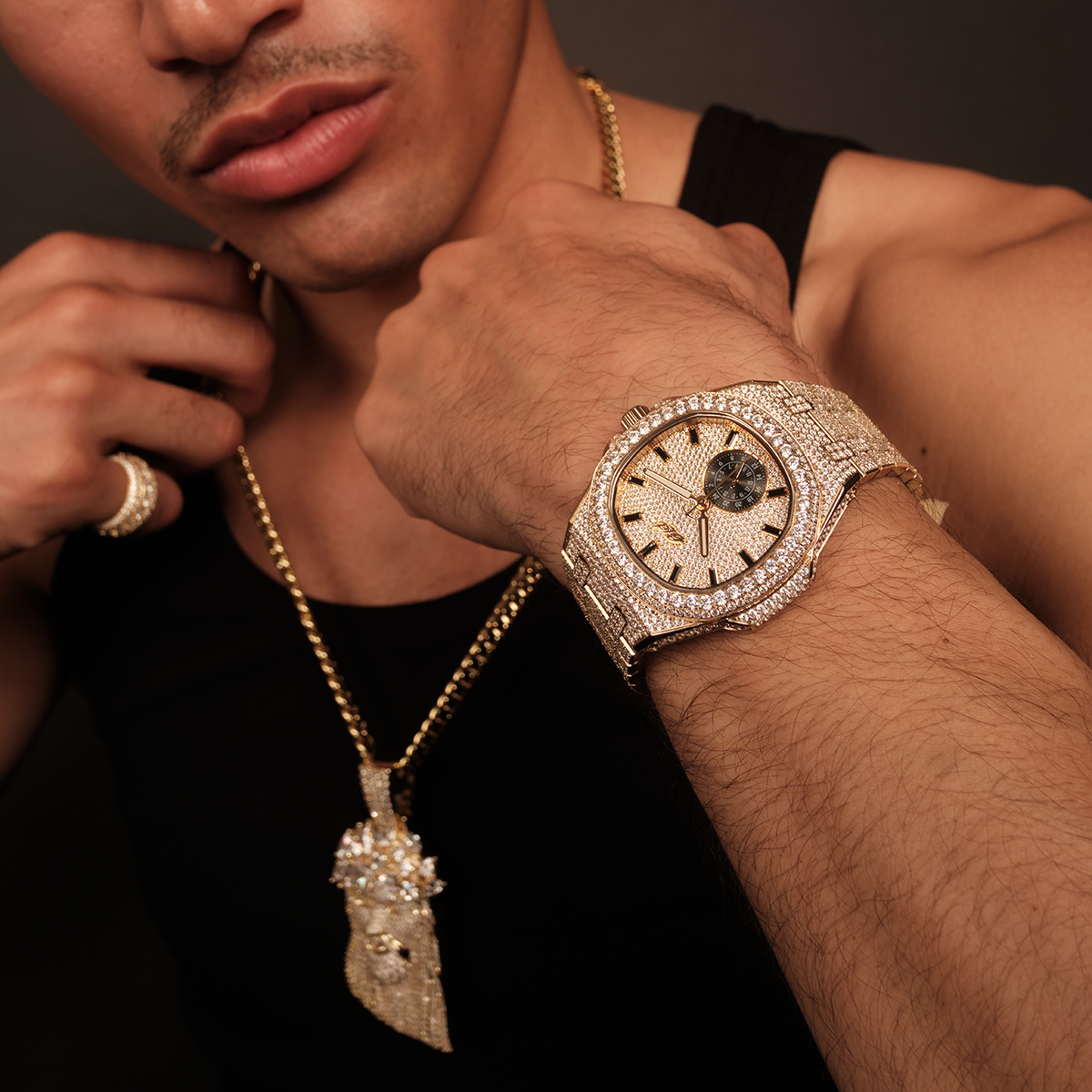 39MM Visionary Moissanite Fully Iced Case & Steel Band Watch - Yellow Gold