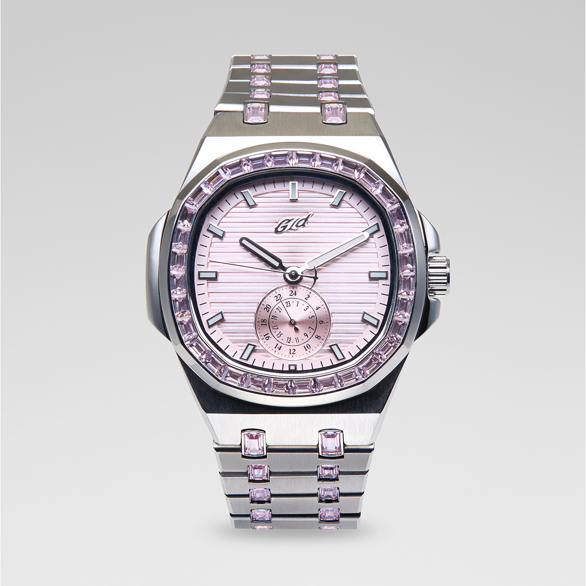 39MM Visionary Moissanite Iced Pink Stone Band Watch - White Gold