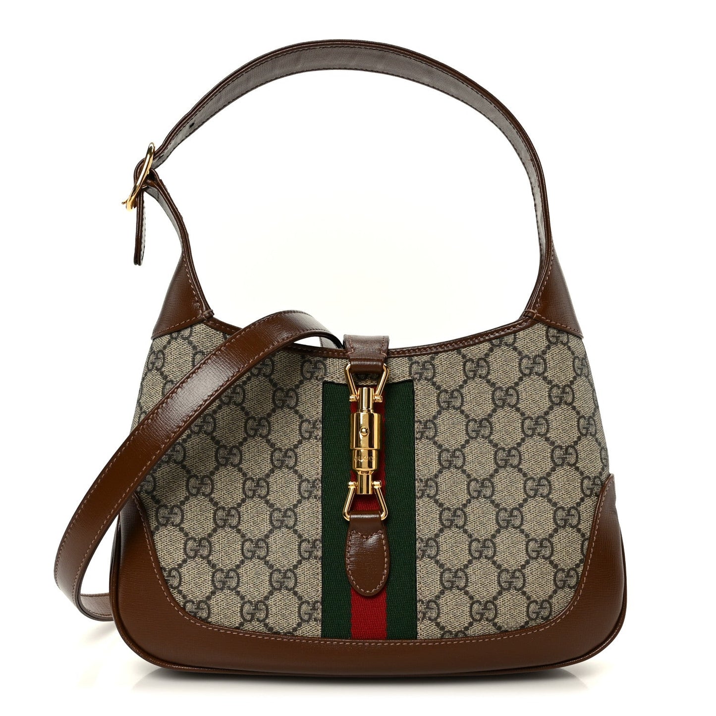 GG Supreme Monogram Azalea Calfskin Web Small Jackie 1961 Hobo Beige Ebony Brown Sugar