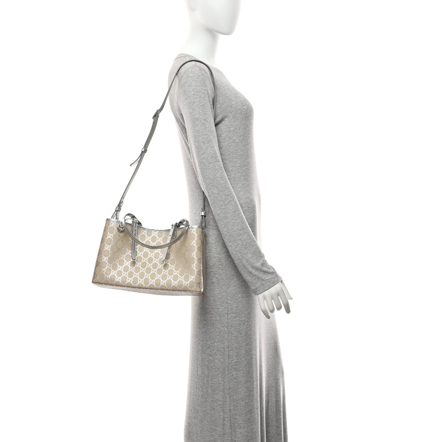 GG Supreme Monogram Emblem Medium Tote Bag  Beige Silver