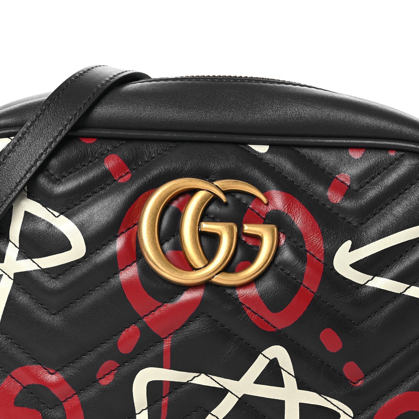 Calfskin Matelasse GucciGhost Small GG Marmont Chain Shoulder Bag  Black Hibiscus Red