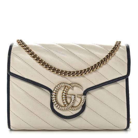 Vintage Effect Calfskin Matelasse Diagonal Torchon GG Marmont Chain Wallet Mystic White Blue Agata
