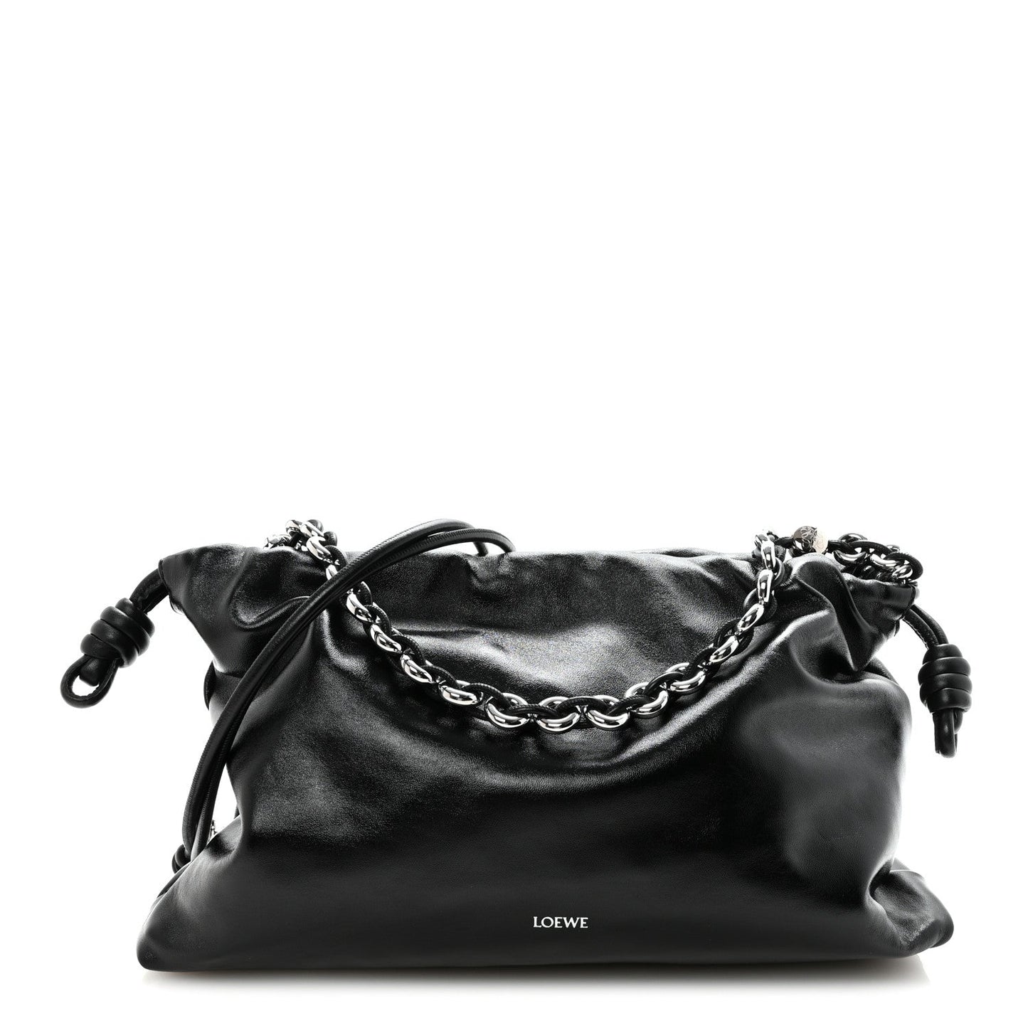 Patent Lambskin Donut Chain Large Flamenco Knot Clutch Black