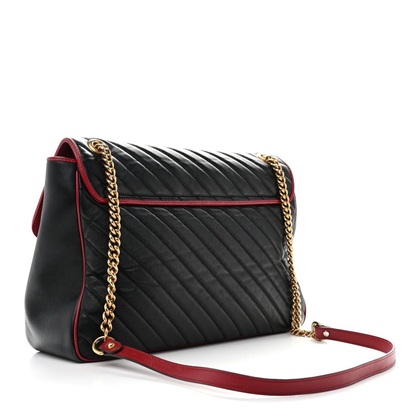 Vintage Effect Calfskin Matelasse Diagonal Large Torchon GG Marmont Shoulder Bag Black Romantic Cherry