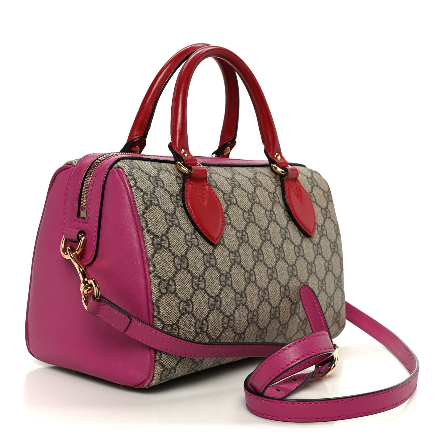 GG Supreme Monogram Moon Calfskin Small Boston Beige Ebony Hibiscus Red New Rosette