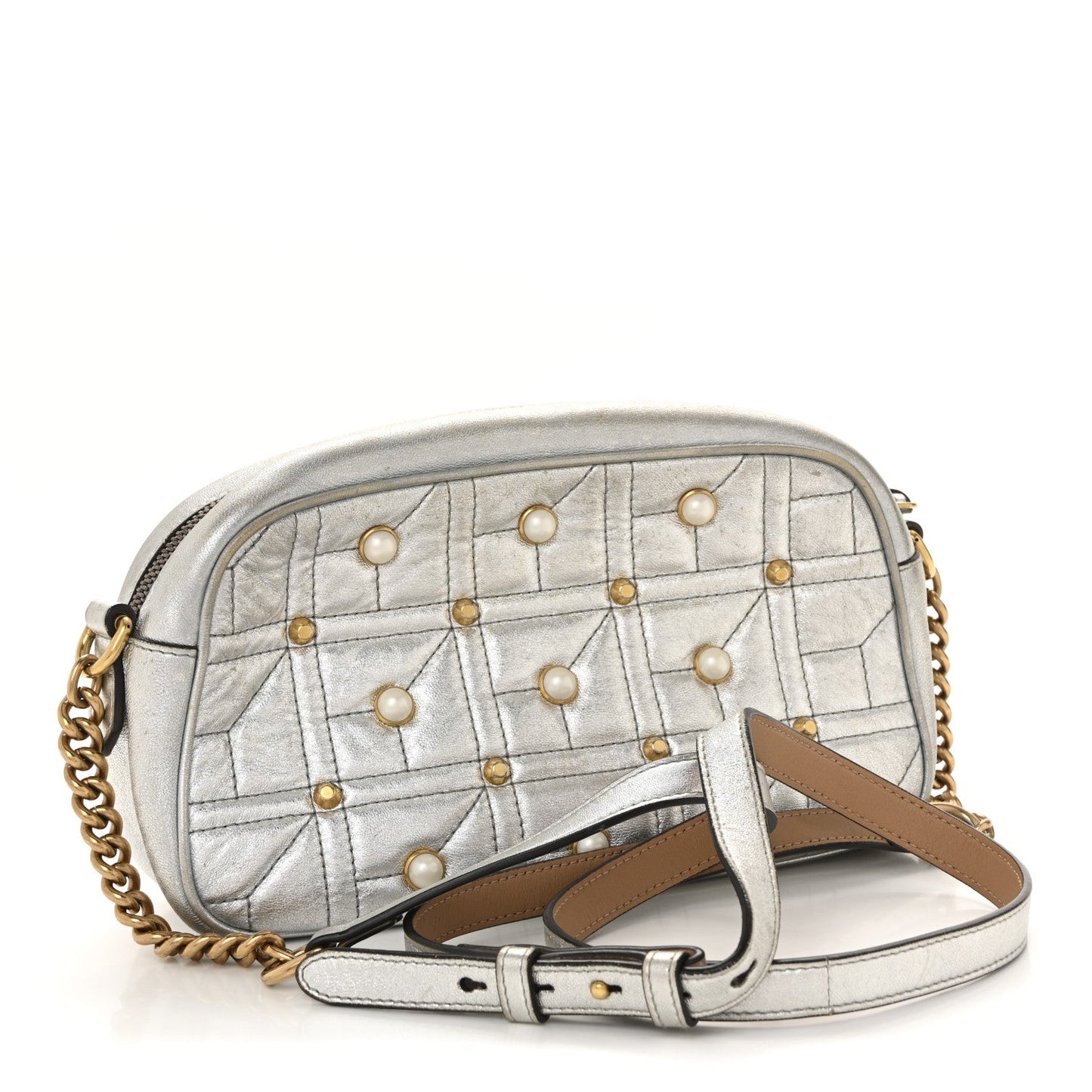 Metallic Calfskin Matelasse Studded Small Pearly GG Marmont Chain Shoulder Bag Silver