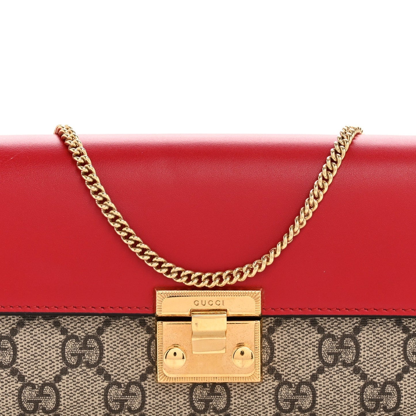 GG Supreme Monogram Moon Calfskin Padlock Continental Chain Wallet Beige Ebony Hibiscus Red New Rosette