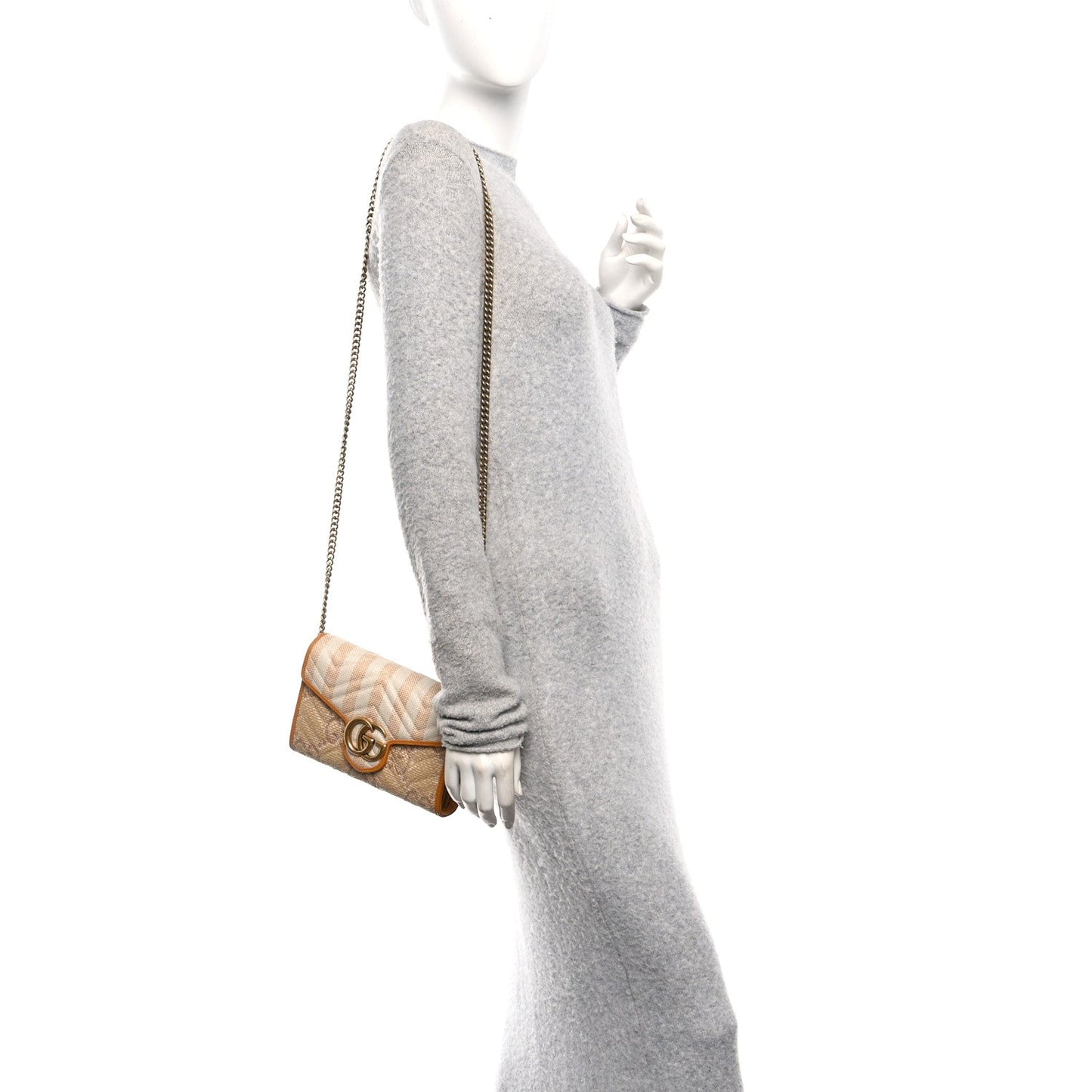 Raffia GG Monogram Matelasse GG Marmont Chain Wallet Natural Beige Off White Sun Oil
