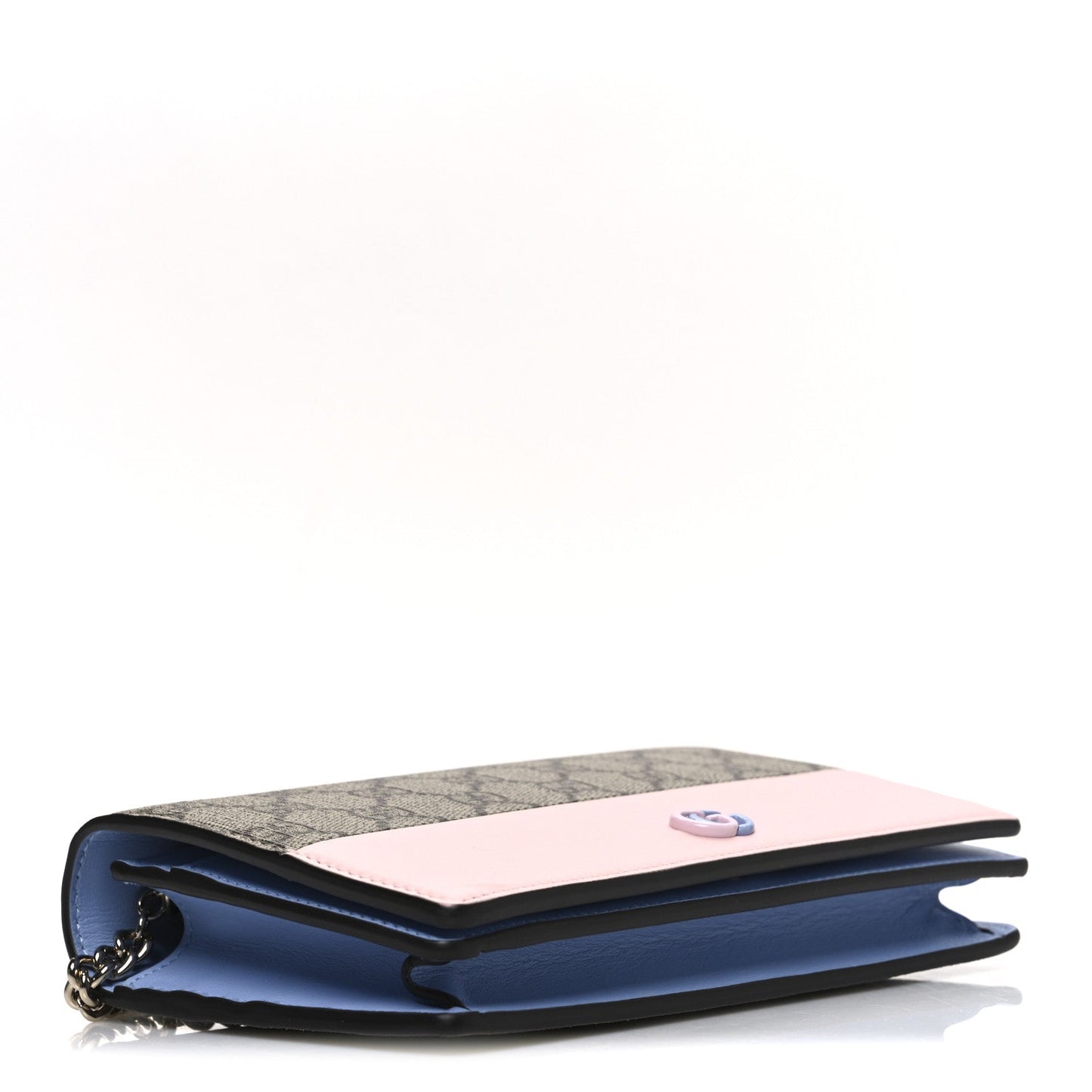GG Supreme Monogram Textured Dollar Calfskin Mini GG Marmont Chain Wallet Light Pink Blue Beige