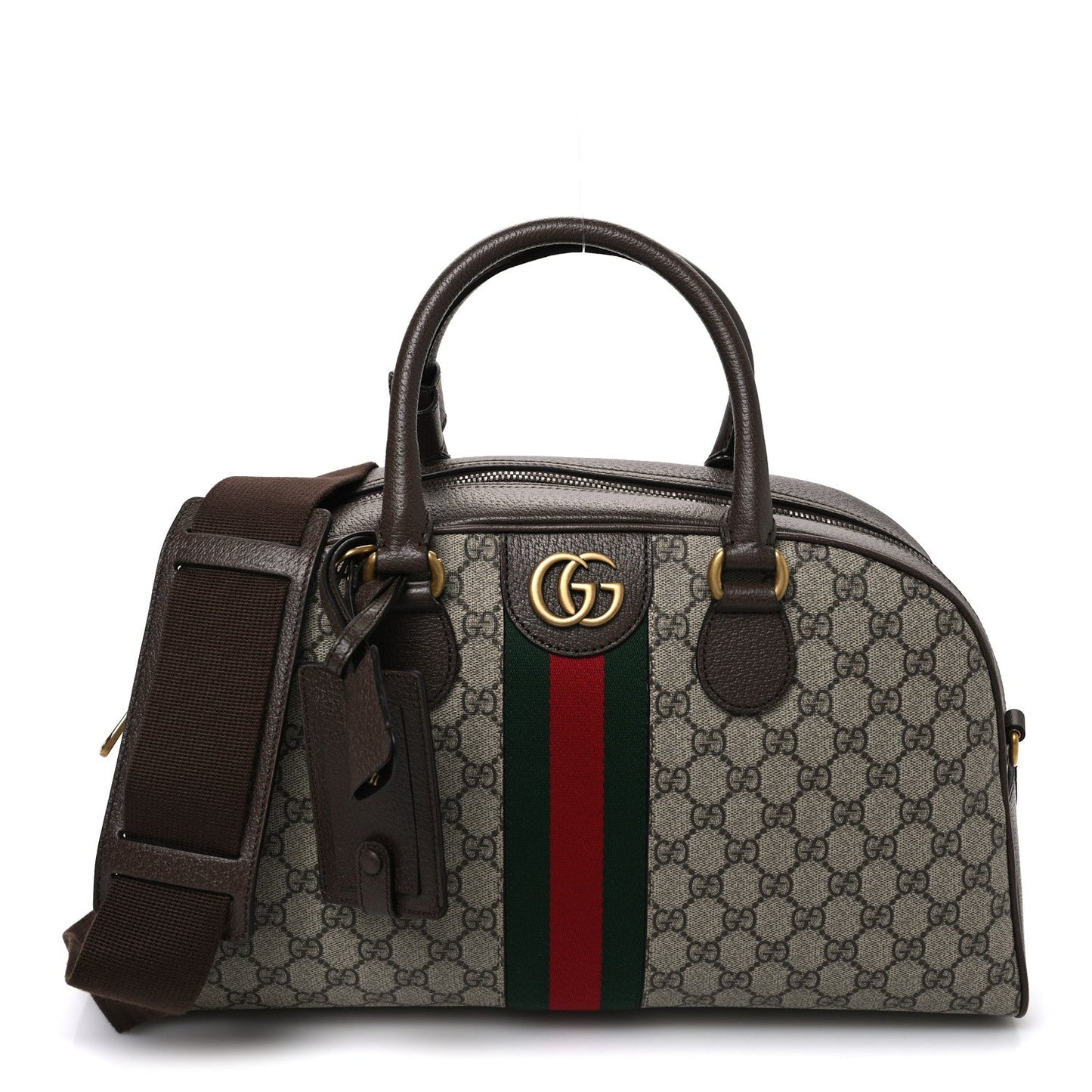 GG Supreme Monogram Textured Dollar Calfskin Web Medium Savoy Bowling Bag Beige Ebony New Acero