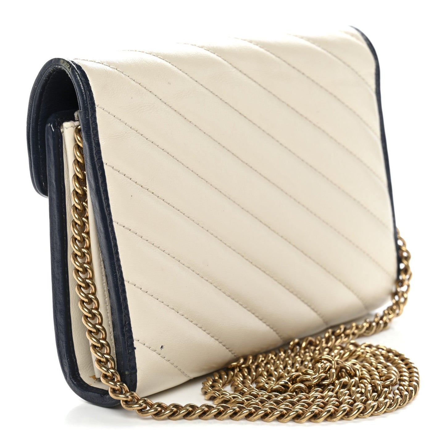 Vintage Effect Calfskin Matelasse Diagonal Torchon GG Marmont Chain Wallet Mystic White Blue Agata