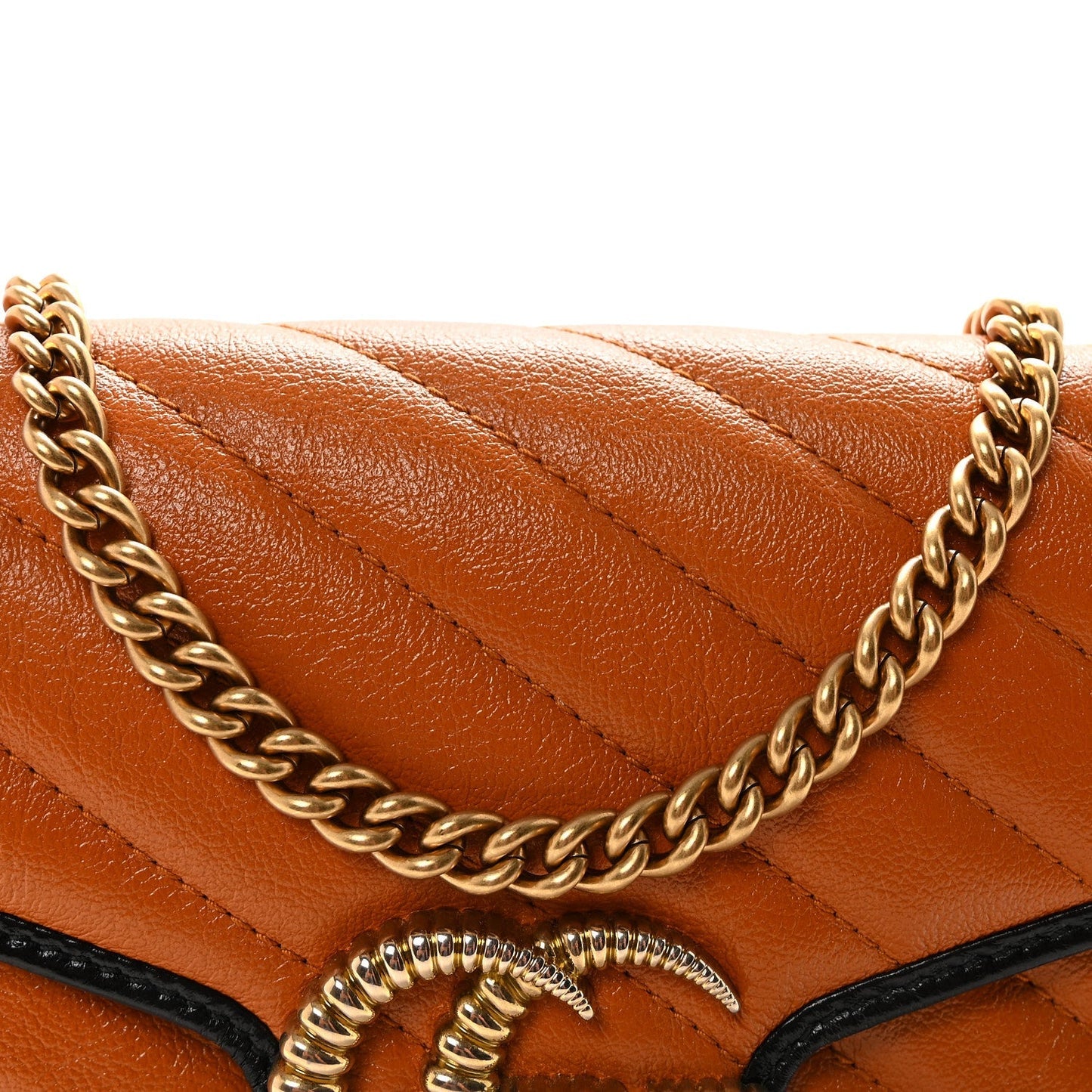 Vintage Effect Calfskin Matelasse Diagonal Torchon GG Marmont Chain Wallet Cognac