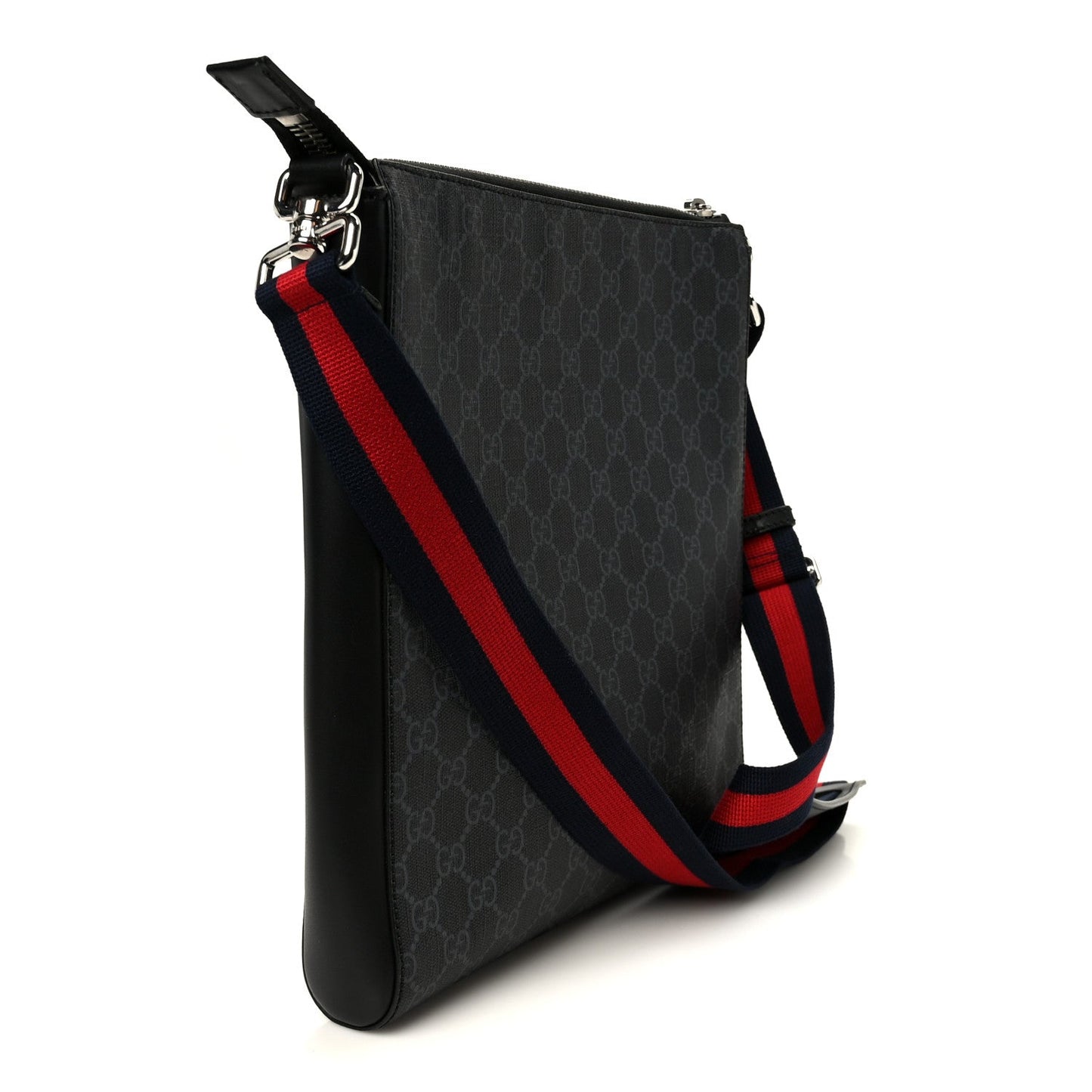 GG Supreme Monogram Appia Calfskin Web Flat Messenger Bag Black Grey