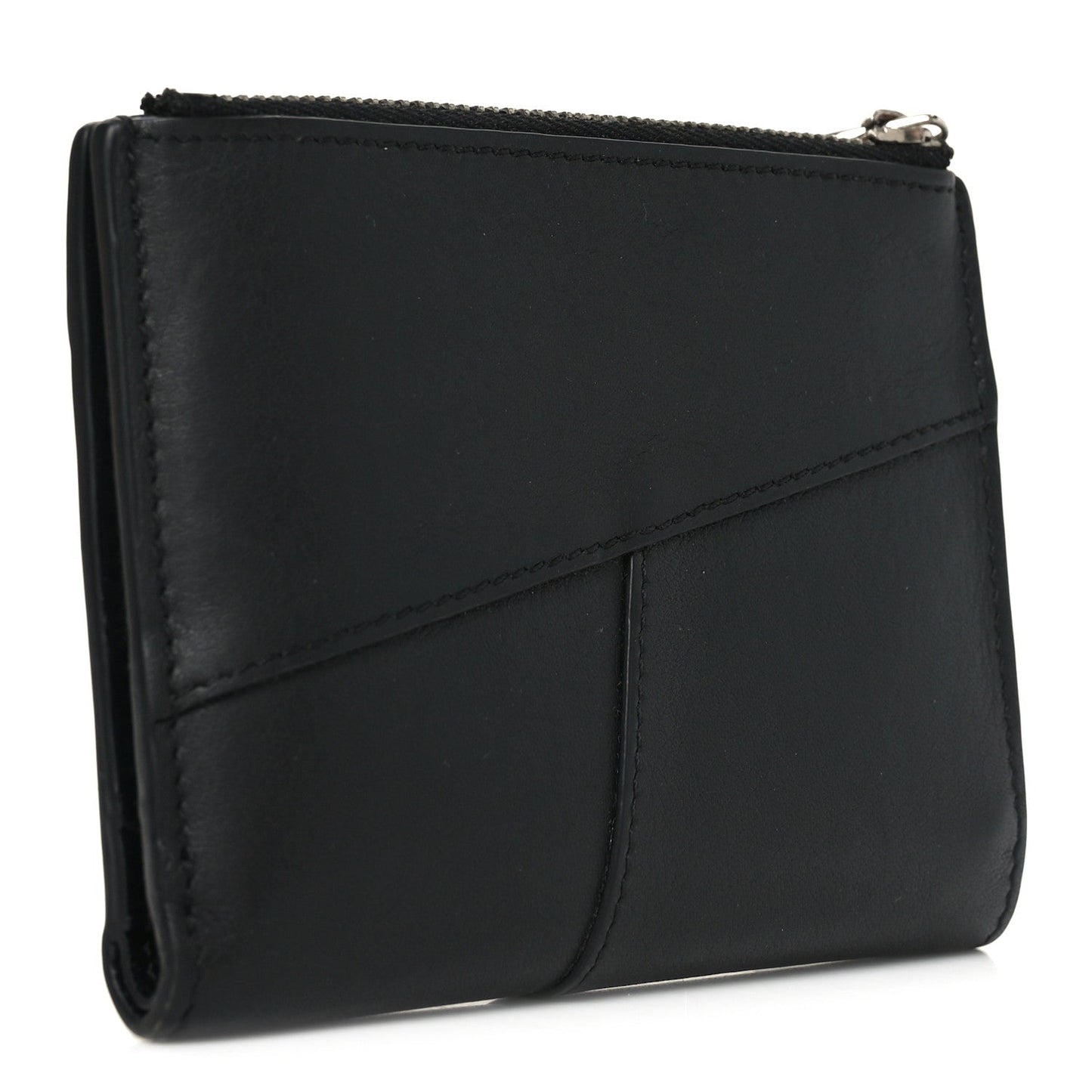 Calfskin Puzzle Zip Slim Compact Bi-Fold Wallet Black