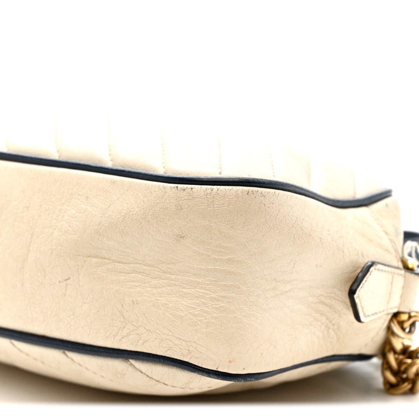 Vintage Effect Calfskin Matelasse Diagonal Small Torchon GG Marmont Chain Shoulder Bag Mystic White Blue Agata