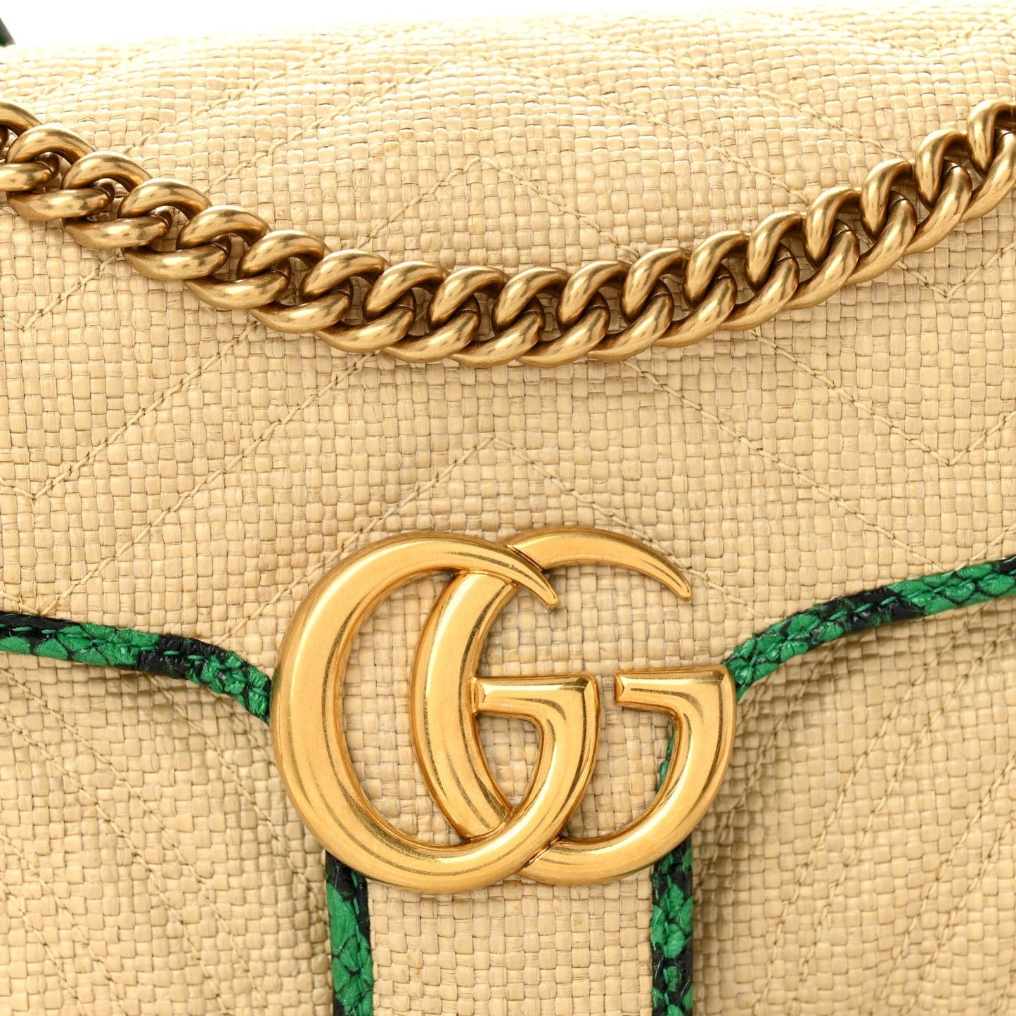 Raffia Elaphe Matelasse Small GG Marmont Shoulder Bag Natural New Shamarock