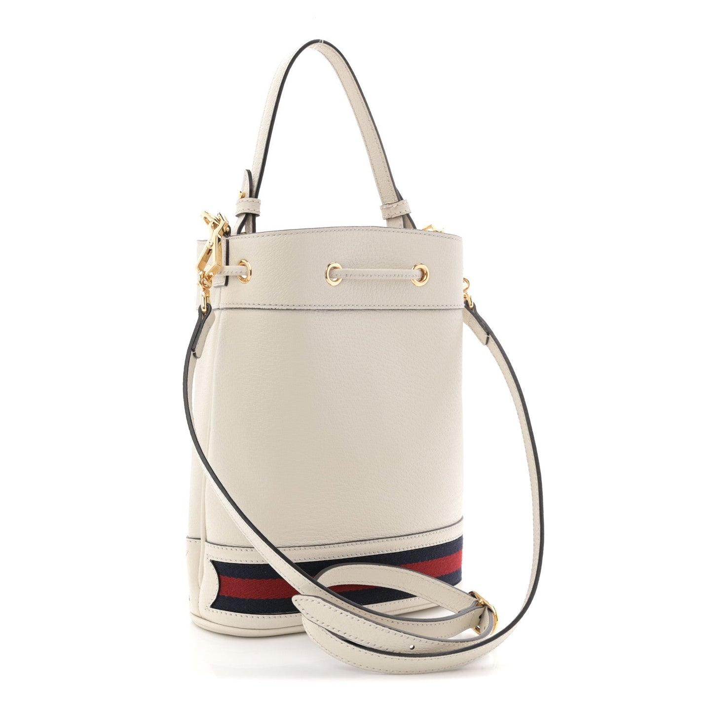 Glazed Textured Calfskin Web Small Ophidia Bucket Bag Mystic White