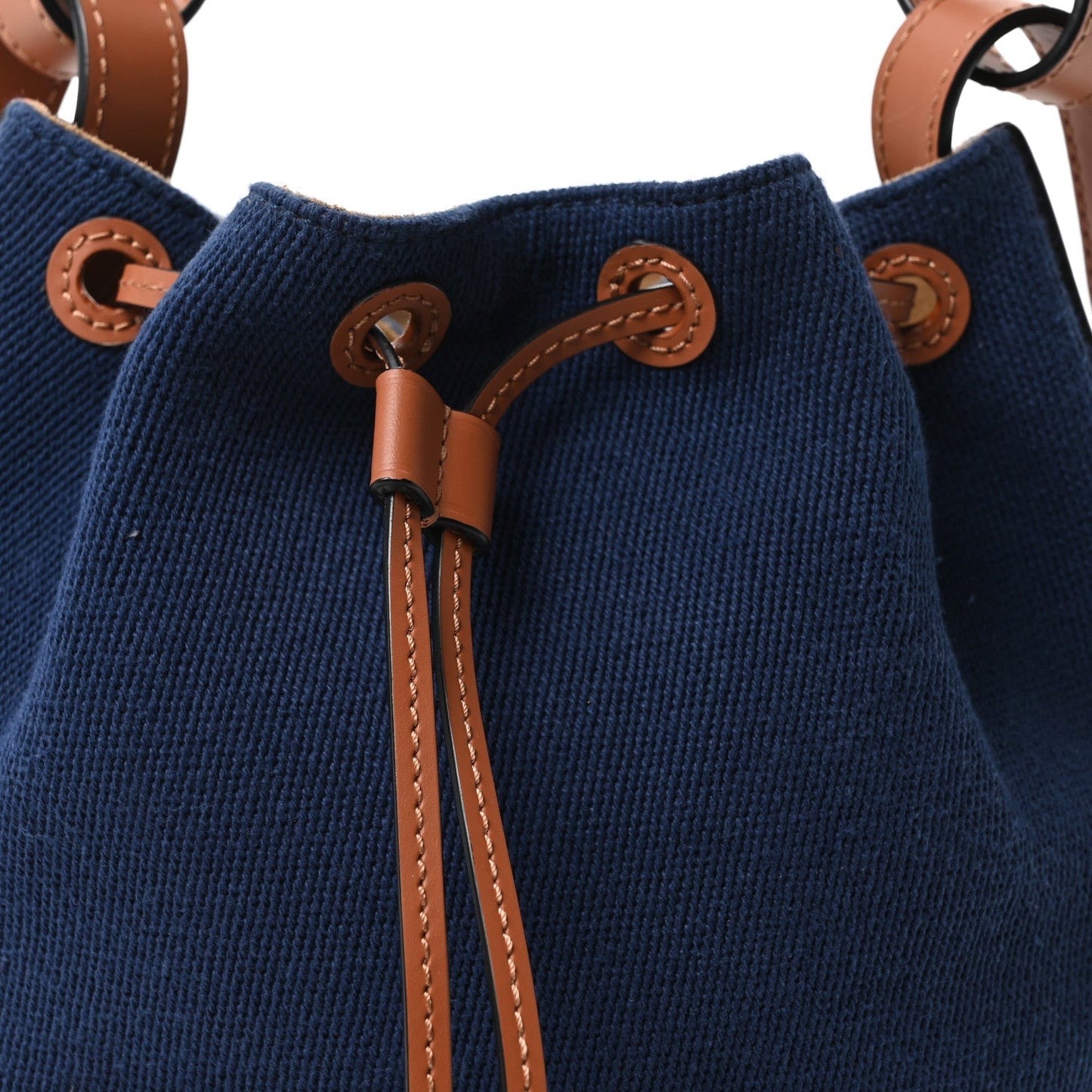 Canvas Calfskin Balloon Bucket Bag Navy Tan